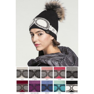 NWOT Star Studded Grey & Black Crystal Goggles Beanie Hat With Fur Pom  eb-85598686